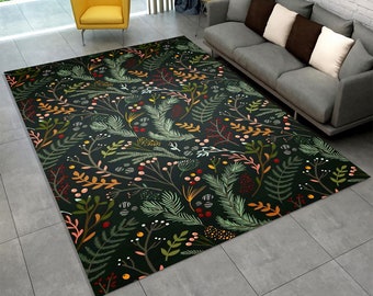 Winter Foliage Rug, Dark Forest Leaf Carpet, Scandinavian Holiday Decor Rug, Cozy Greenery Botanical Rug, Festive Christmas Style Rug