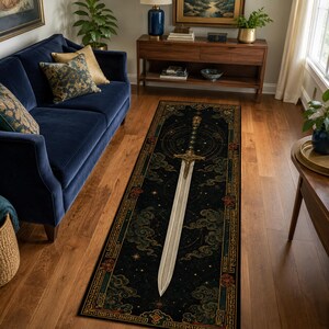 Celestial Sword Runner Rug, Dark Green Fantasy Rug, Gold Border, Mythic Asian Decor