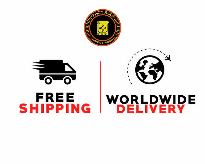 May include: A circular logo featuring the text FANCY RUGS CARPETS & RUNNERS with a yellow rug icon. Below, a black truck icon with the text FREE SHIPPING and a globe icon with an airplane and the text WORLDWIDE DELIVERY are displayed.