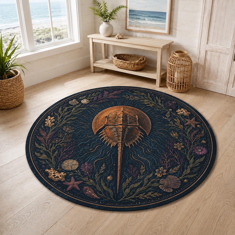 May include: A round area rug featuring a dark blue background with a central copper-colored horseshoe crab illustration. The design is surrounded by a circular border of detailed marine life, including various seashells, starfish, and seaweed.