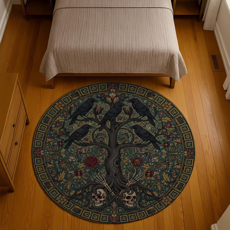 Round Gothic Crow Rug: Ravens Tree of Life, Skull Floral, Dark Folklore ...