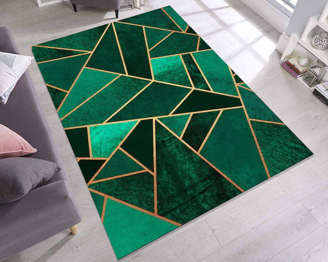 Green Geometric Rug: Modern Gold Line Area Decor - Etsy