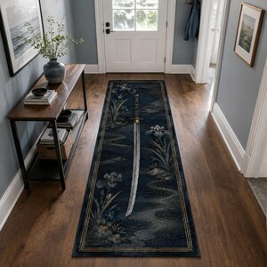 Navy Katana Runner Rug, Blue Iris Floral Hallway Runner, Japanese Sword Decor Carpet