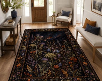 Dark Wildflower Rug, Black Floral Area Rug, Cottagecore Meadow Carpet, Thistle Flower Design
