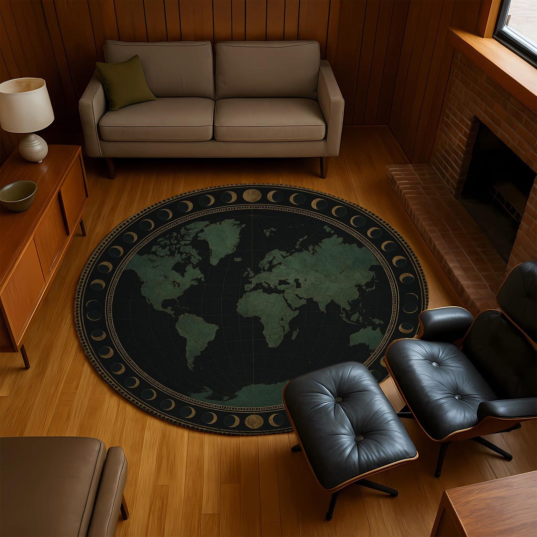 Round World Map Rug: Moon Phases Border, Emerald Green & Gold - Etsy