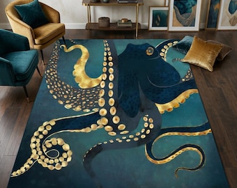 Octopus Nautical Rug, Vintage Sea Compass Rug, Sailing Ship Ocean Map Carpet