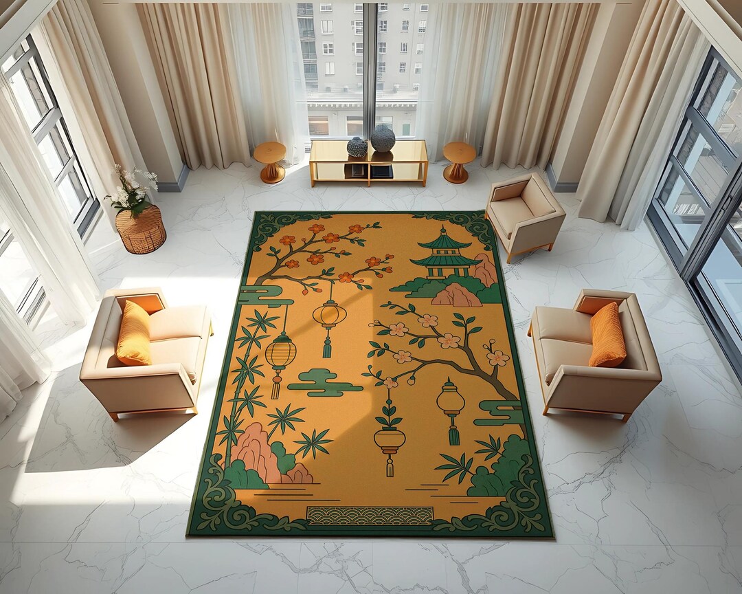 Chinoiserie Pagoda Lantern Area Rug, Teal Ochre Blossom - Etsy