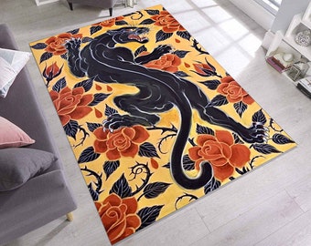Black Panther Rug, Clawing Jungle Cat Rug, Bold Tattoo Style Carpet With Red Roses, Vintage Wild Animal Rug For Edgy Home Decor Rug