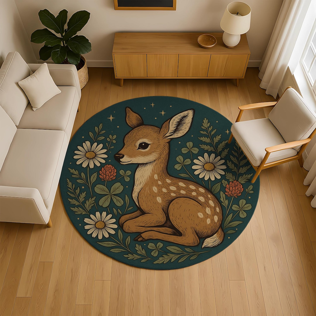 Round Woodland Fawn Deer Rug – Wildflower Nursery Area Rug, Boho Kids ...