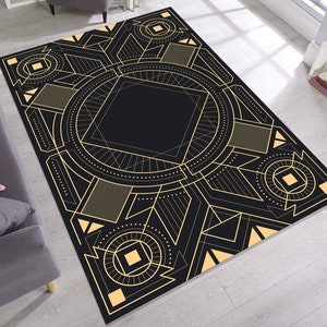 Luxury Geometric Art Deco Rug, Black and Gold Pattern Carpet for Entryway or Office, Elegant Vintage Style Modern Bold Floor Accent Piece