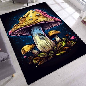 Alfombra psicodélica con diseño de hongo y dibujos animados, con brillo psicodélico para decoración de fantasía, colorida y llamativa, con un toque moderno y artístico.