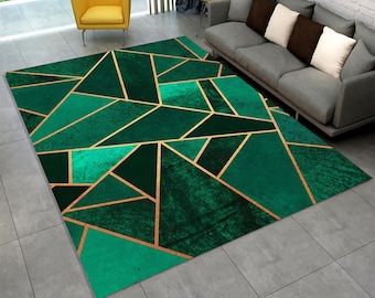 Emerald Geometric Rug, Modern Abstract Rug, Green Gold Carpet For Stylish Interior, Bold Contemporary Rug, Art Deco Inspired Living Room Rug