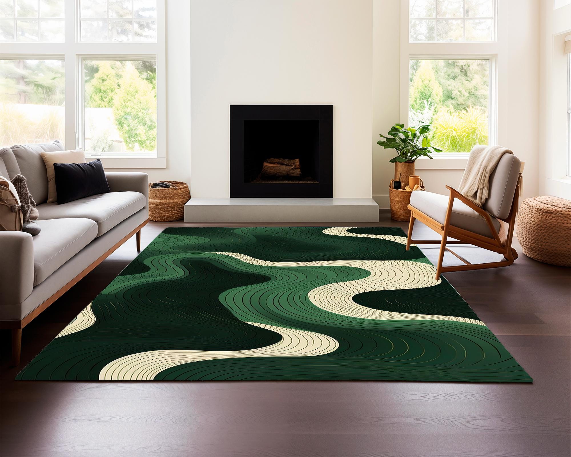 Wavy Line Rug | Green Abstract Area Rug - Etsy