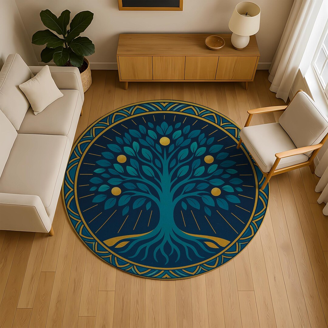 Round Tree of Life Rug: Teal Leaves & Golden Orbs, Geometric Border - Etsy