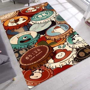 Bonita alfombra con forma de tapa de refresco, animales de dibujos animados y frases alegres. Alfombra kawaii con forma de tapa de botella para decoración infantil. Divertida alfombra pop art. Alfombra con personajes divertidos.