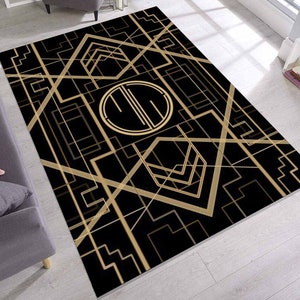 Geometric Rug Art Deco Style, Luxury Black Gold Rug for Living Room, Modern Abstract Rug, Glam Carpet, Elegant Art Pattern Rug