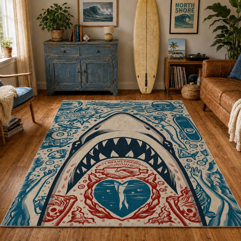 White Shark Attack Area Rug, Retro Horror Movie Poster Carpet