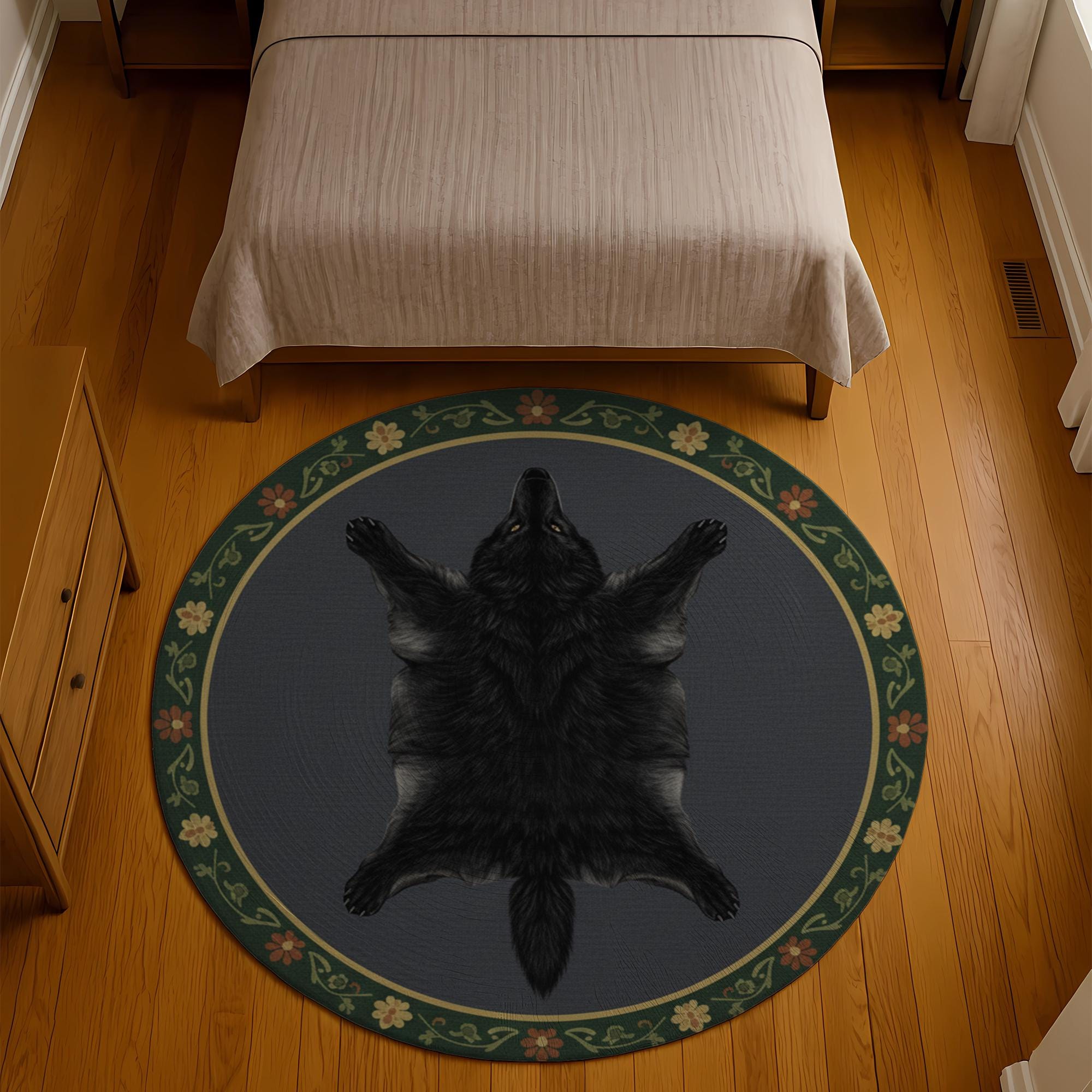 Wolf Rug Drawing Round Wolf Pelt Rug: Rustic Lodge Floral Border - Etsy