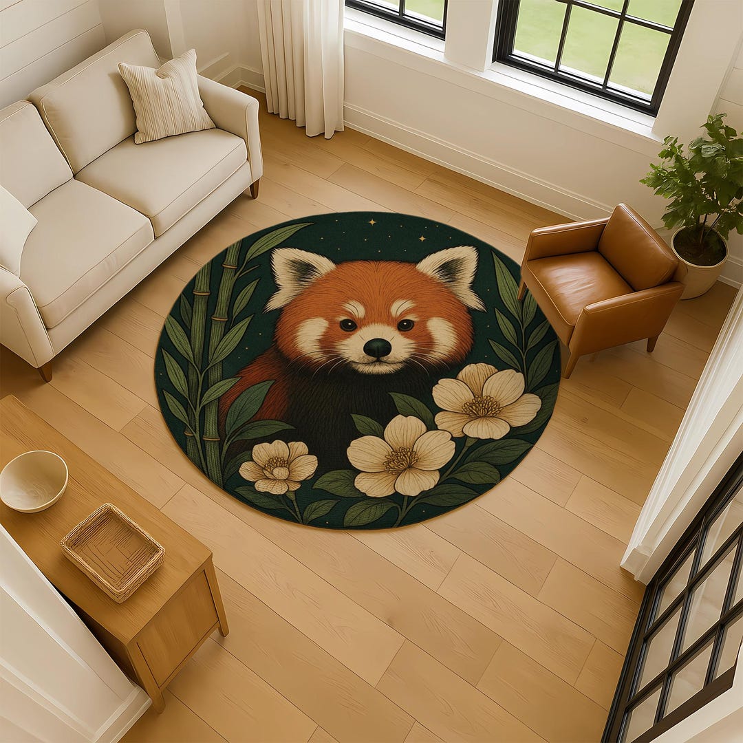 Real Panda Rug Round Red Panda Rug: Bamboo Garden on Deep Teal - Etsy