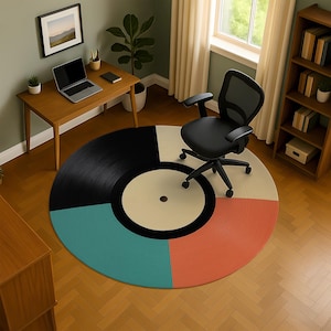 May include: A round area rug designed to resemble a vinyl record. The rug is divided into four sections: black, cream, teal, and coral. The rug is placed in an office setting with a desk, chair, and bookshelf.