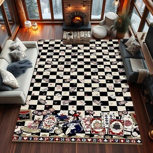 Tapis de jeu noir et blanc, motifs de cartes à carreaux pour les soirées poker, motif casino unique pour les soirées jeux, cadeau unique pour les fans de poker