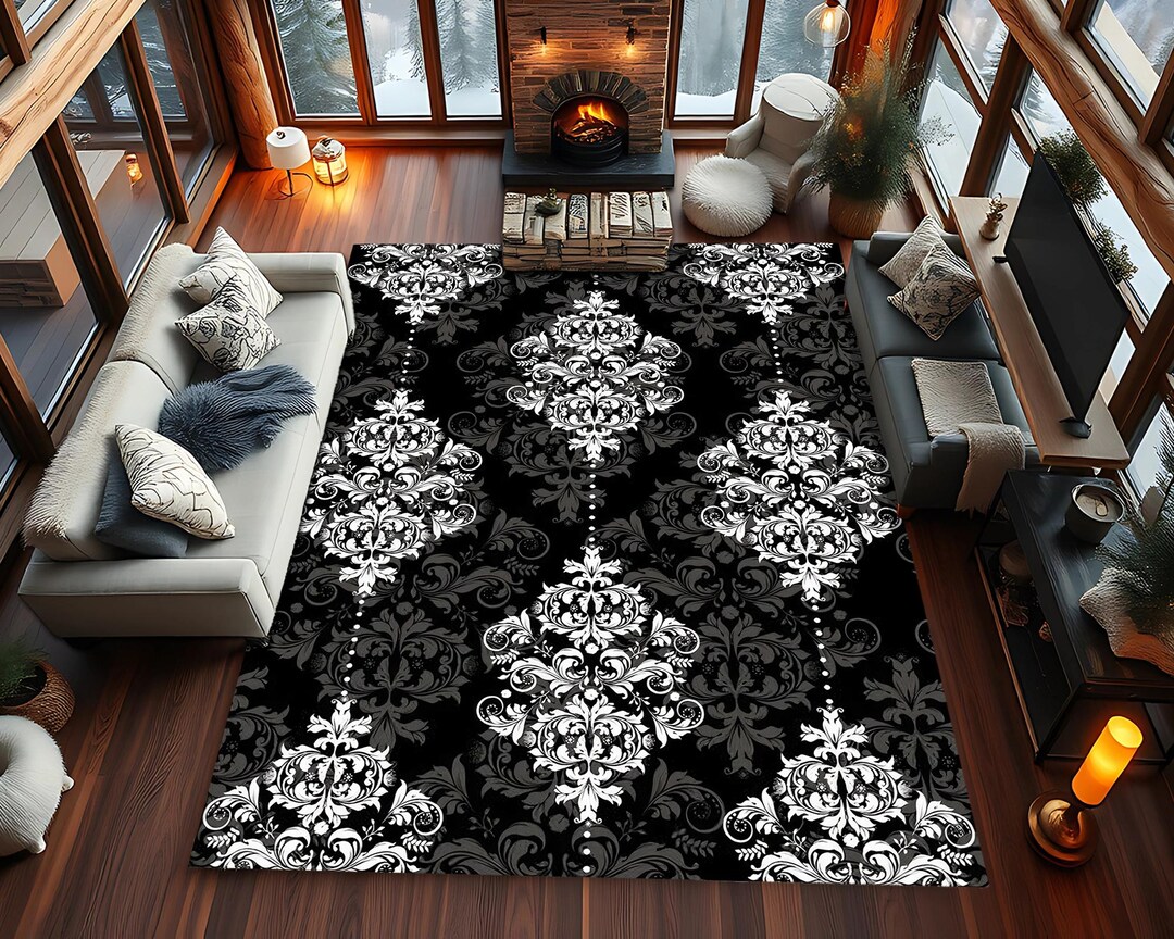 Black and White Baroque Rug: Washable Damask Accent Carpet - Etsy