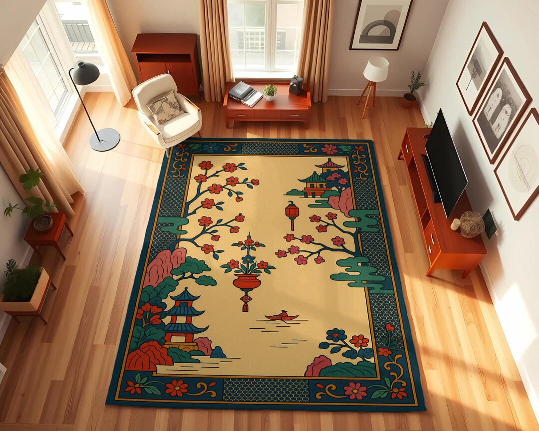 Pagoda Garden Rug: Asian Blossom Art, Scenic Village View - Etsy