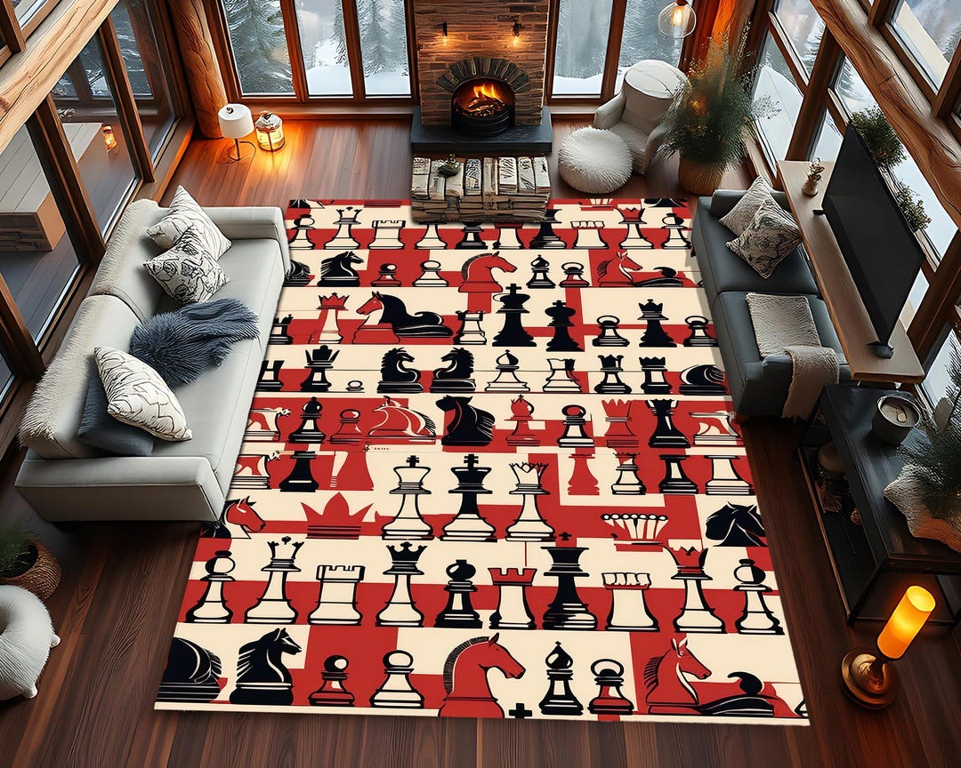 Vintage Chess Pieces Rug for Game Room, Red Cream Checkerboard Rug ...