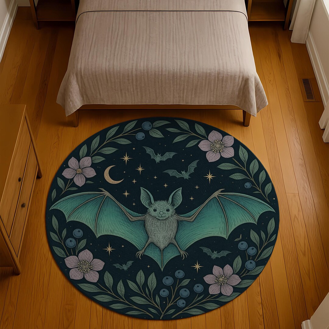 Bat Moon Round Rug: Witchy Floral Wreath, Gothic Bedroom Decor - Etsy