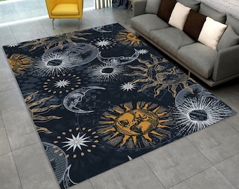 Celestial Moon Sun Rug, Mystical Starry Rug With Vintage Astrology Art, Spiritual Carpet For Boho Rooms, Cosmic Night Sky Pattern Rug