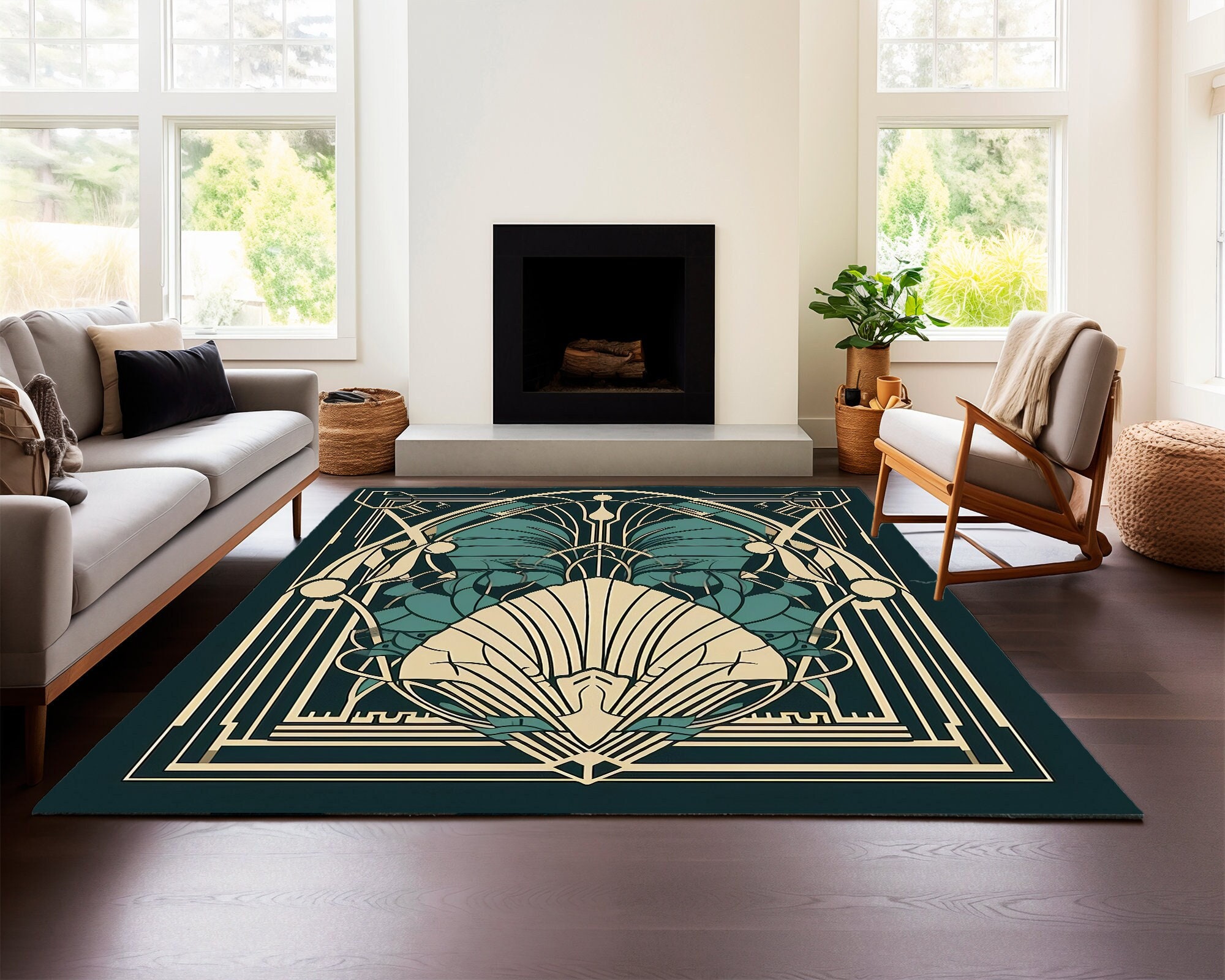 110×210 \"Green Emerald” ViNTAGE RUG Emerald Green Art Deco Rug: Vintage Geometric Floor Carpet