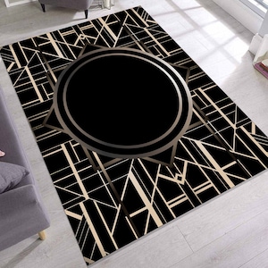 Luxury Art Deco Rug for Living Room, Elegant Rug with Black Gold Geometric Design, Stylish Carpet for Bedroom, Modern Area Rug