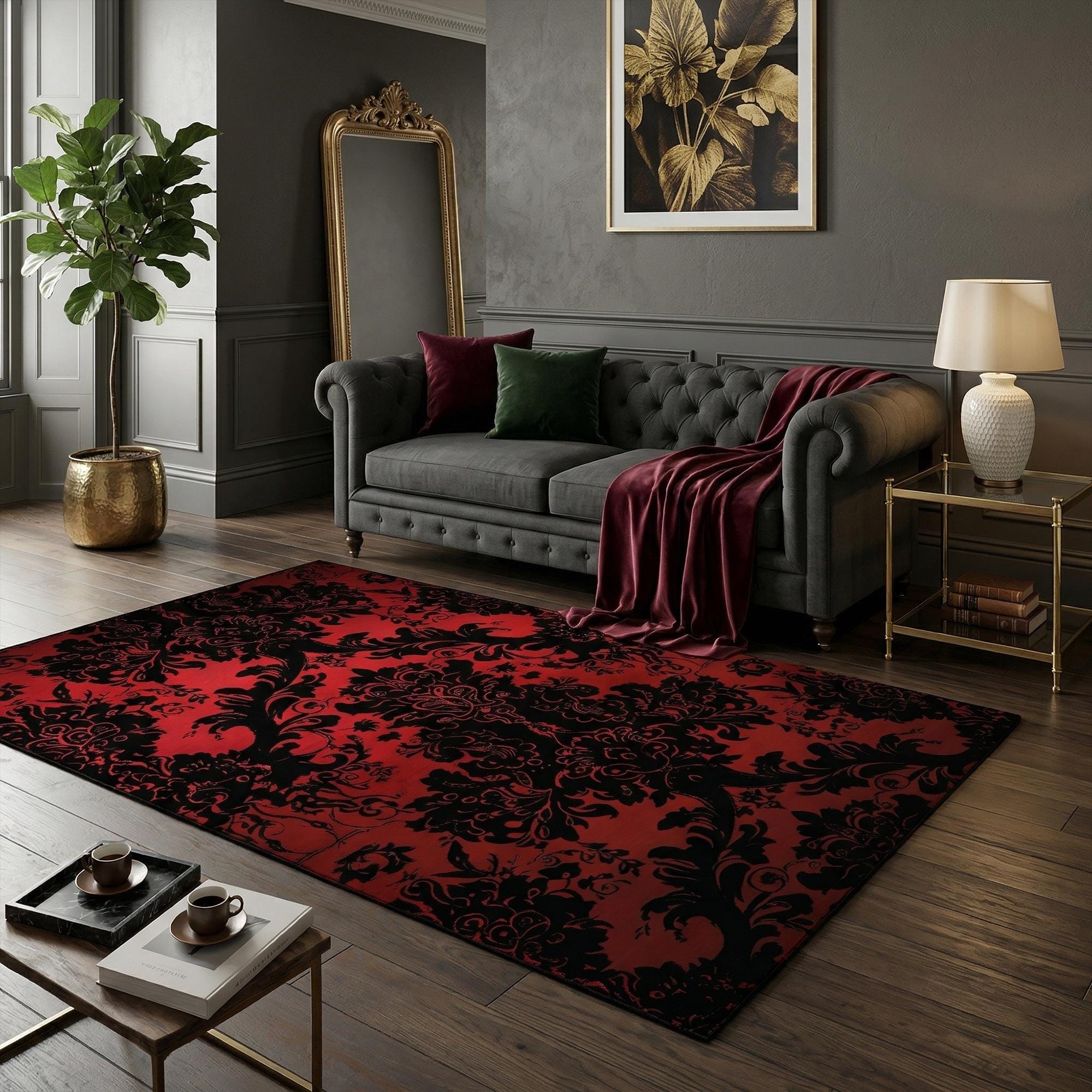 Carpet Rococo Red Red Damask Rug, Black Gothic Floral Victorian Baroque Carpet, Moody ...