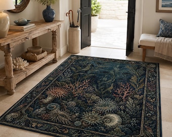 Dark Ocean Area Rug, Vintage Marine Life Rug, Coral Reef, Natural History Illustration