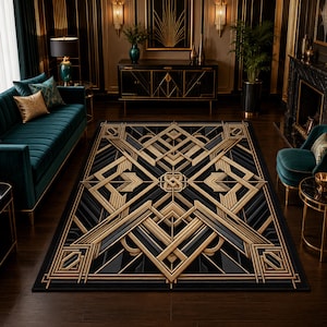 Alfombra Art Déco Negro y Dorado, Alfombra Gatsby Geométrica, Alfombra con Patrón de Líneas Metálicas de la década de 1920