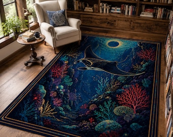 Manta Ray Coral Reef Rug, Deep Ocean Carpet, Sea Life Coastal Decor Rug