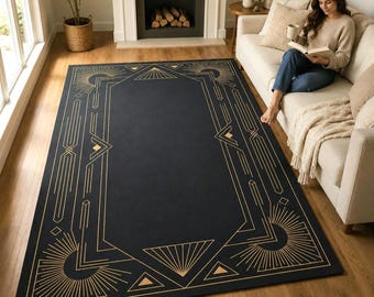 Art Deco Geometric Rug, Black Gold Gatsby Style Entryway Rug