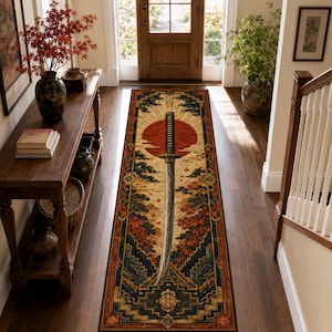 Japanese Sword Runner Rug, Red Gold Sun Maple Leaf Hallway Decor Rug