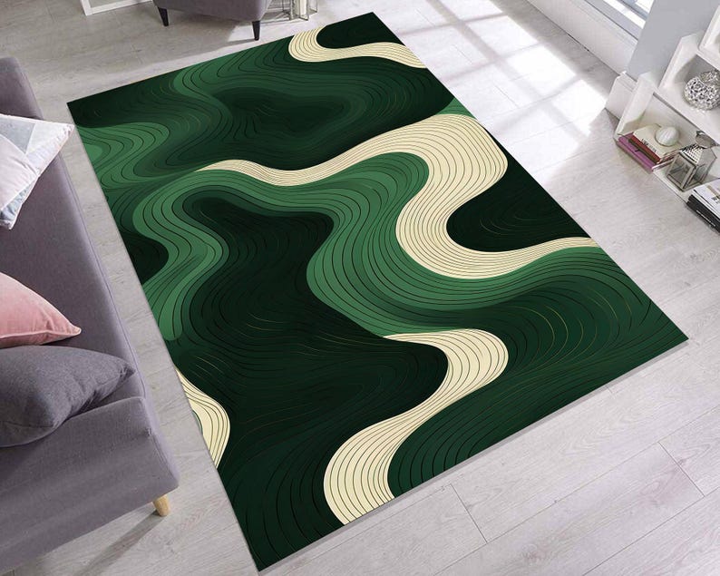 Moevment Rugs Dark Green Abstract Contour Area Rug, Wavy Topographic Line Carpet ...