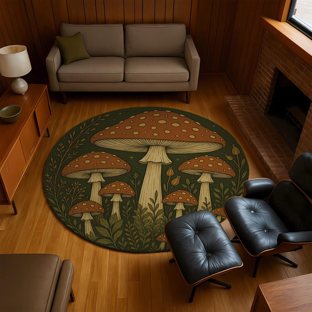 Toadstool Rug Round Mushroom Forest Rug: Olive Green Toadstool Meadow - Etsy