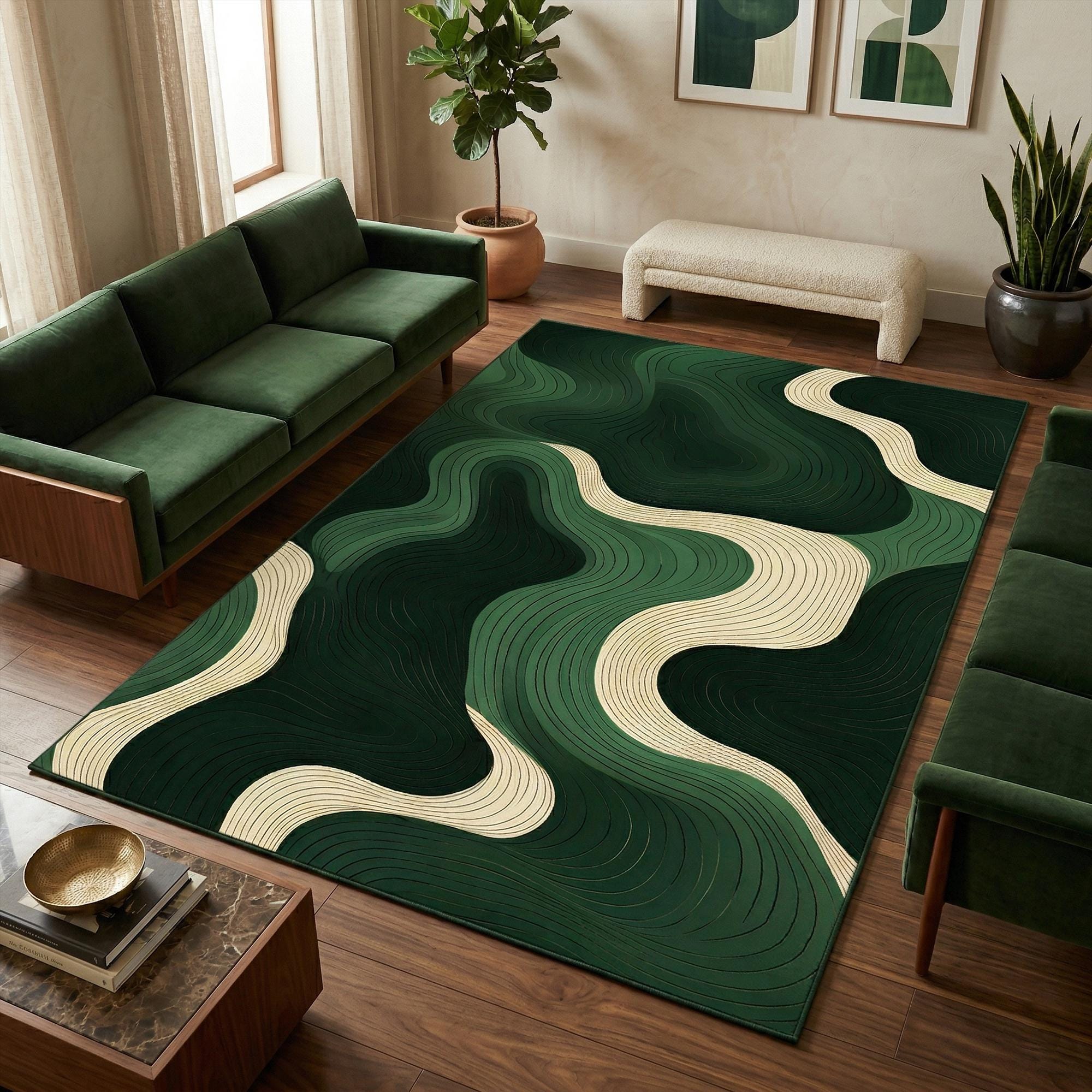 Dark Green Abstract Contour Area Rug, Wavy Topographic Line Carpet ...
