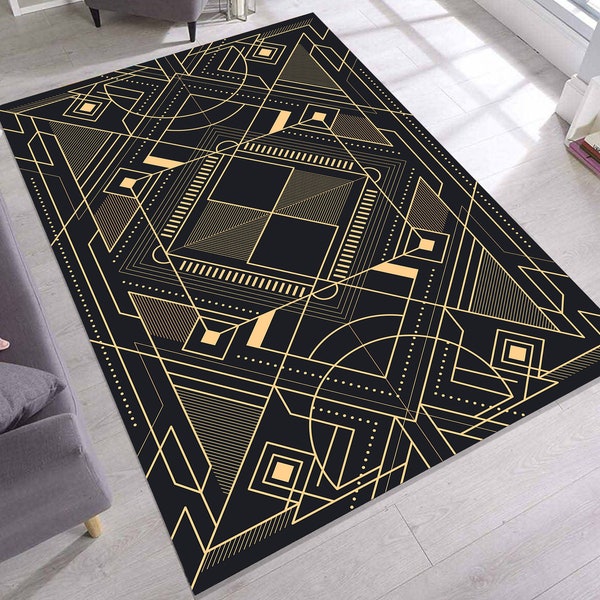 Black Geometric Shaped Gold Lined Art Deco Rug Stiped Decor Modern Style Pattern Carpet Office Accent Artwork  Minimalist  Home  Decor  Area