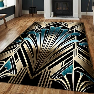 Black Gold Art Deco Rug, Teal Fan Arch Gatsby Rug, 1920s Geometric Fan Pattern Carpet, Home Bar Foyer Lounge Apartment Rug