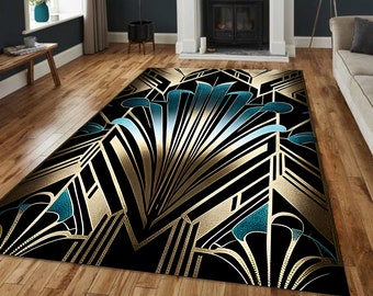 Art Deco Rug, Teal Fan Arch Geometric Carpet, 1920s Gatsby Style Lounge Home Bar