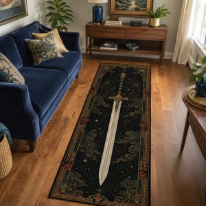 Vloerkleed Celestial Sword Runner, donkergroen fantasietapijt, gouden rand, mythisch Aziatisch decor