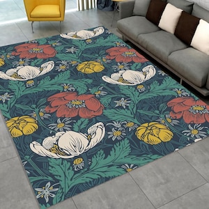 Floral Botanical Rug, Vintage Garden Bloom Rug, Retro Nature Inspired Rug, Red Yellow White Flower Rug, Classic Artsy Carpet