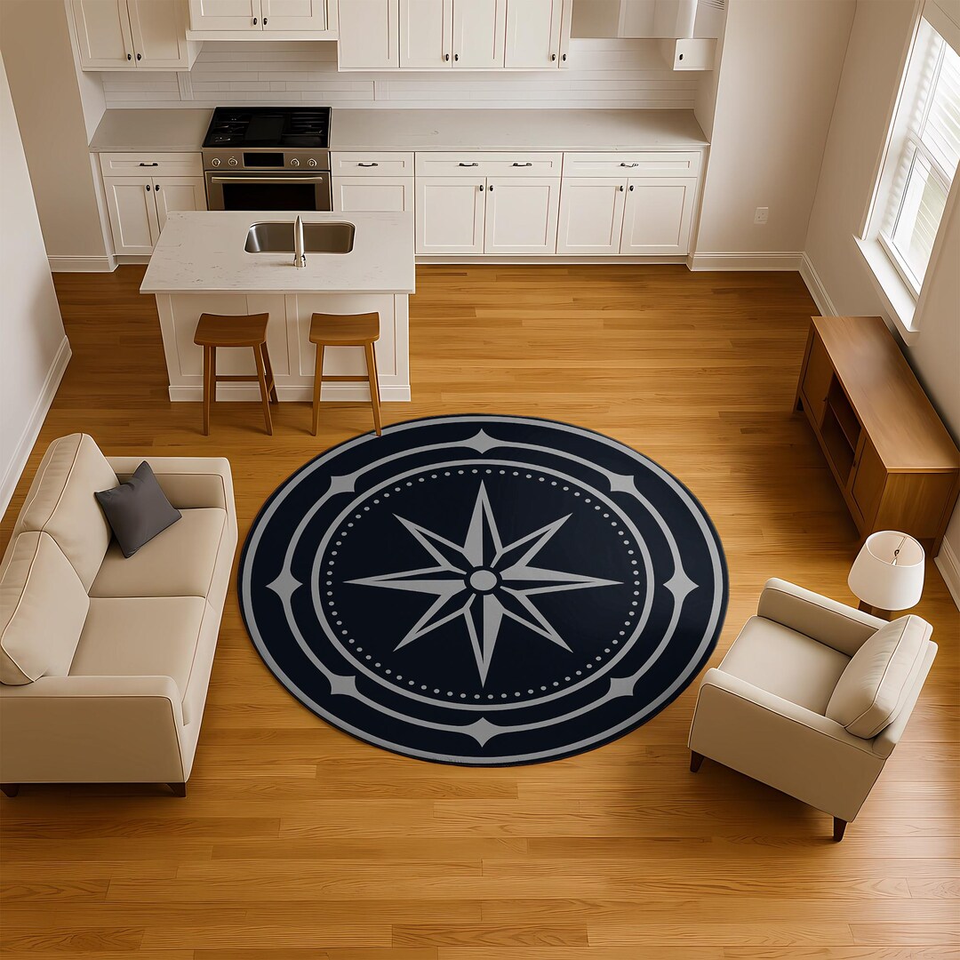 Round Compass Rose Rug, Charcoal & Silver Coastal Accent - Etsy