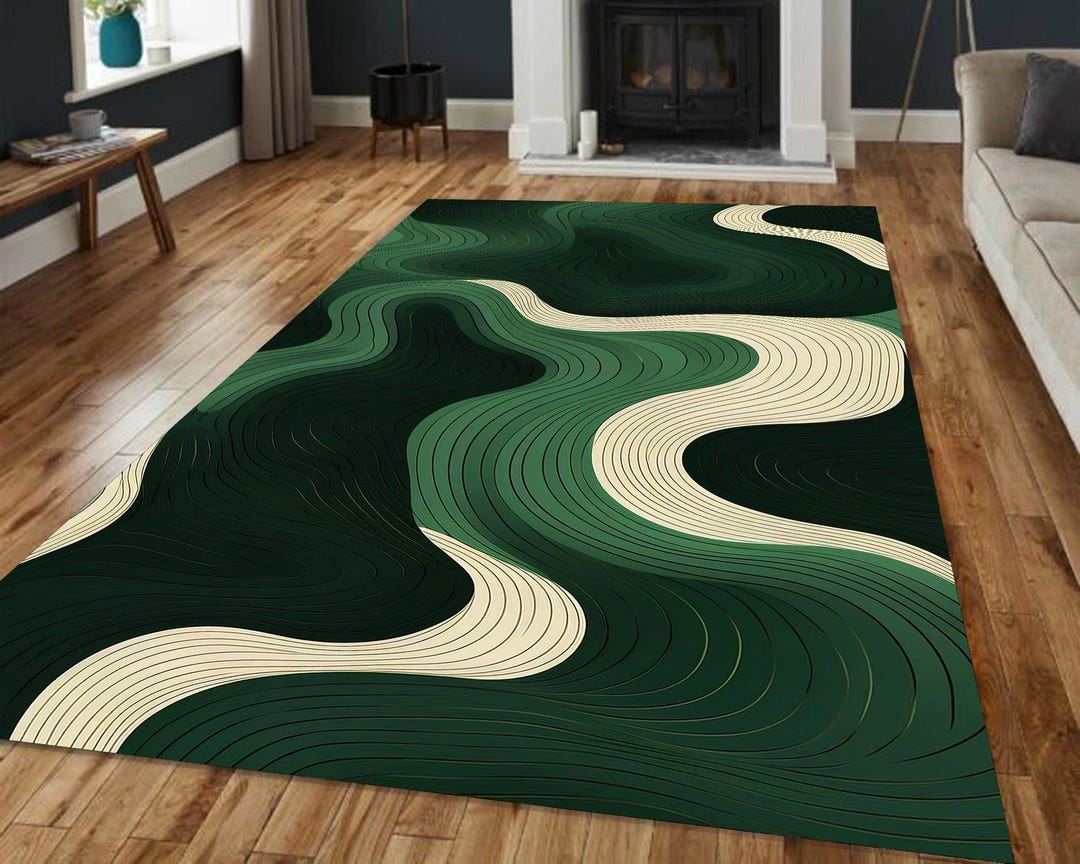 Wavy Line Rug | Green Abstract Area Rug - Etsy