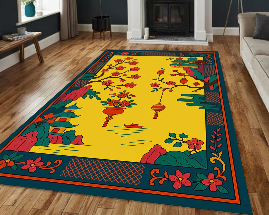 Chinoiserie Pagoda Lantern Rug, Cherry Blossom Asian Garden Rug - Etsy