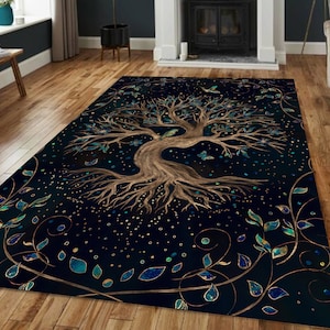 Tree Of Life Rug, Night Sky Nature Rug with Birds and Roots Design, Spiritual Carpet for Boho Living Room Rug or Dreamy Meditation Rug